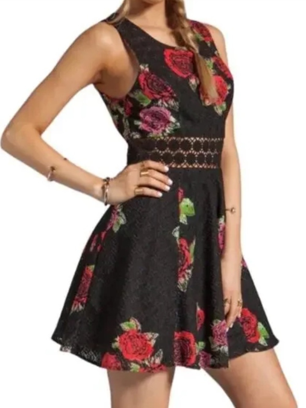 Free People Women’s Black Lace Rose Floral Mini Sleeveless Skater Dress Size 8 - Picture 2 of 12